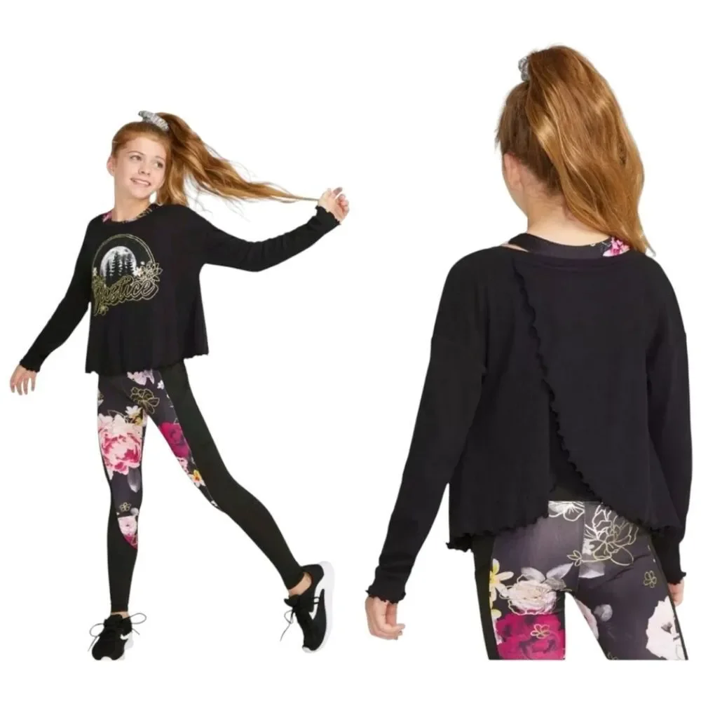 Justice Girls 10 Black Flyaway Tee Graphic Long Sleeve Ribbed Knit T-Shirt Top